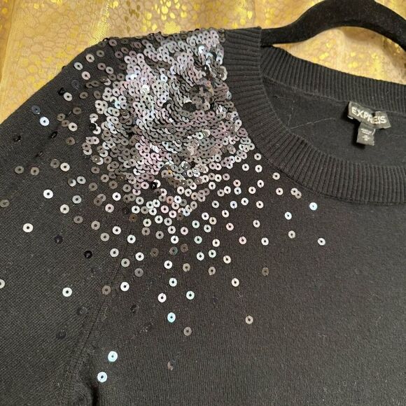 Express Black Sequin Shoulder Long Sleeve Sweater Top Medium - Picture 3 of 6